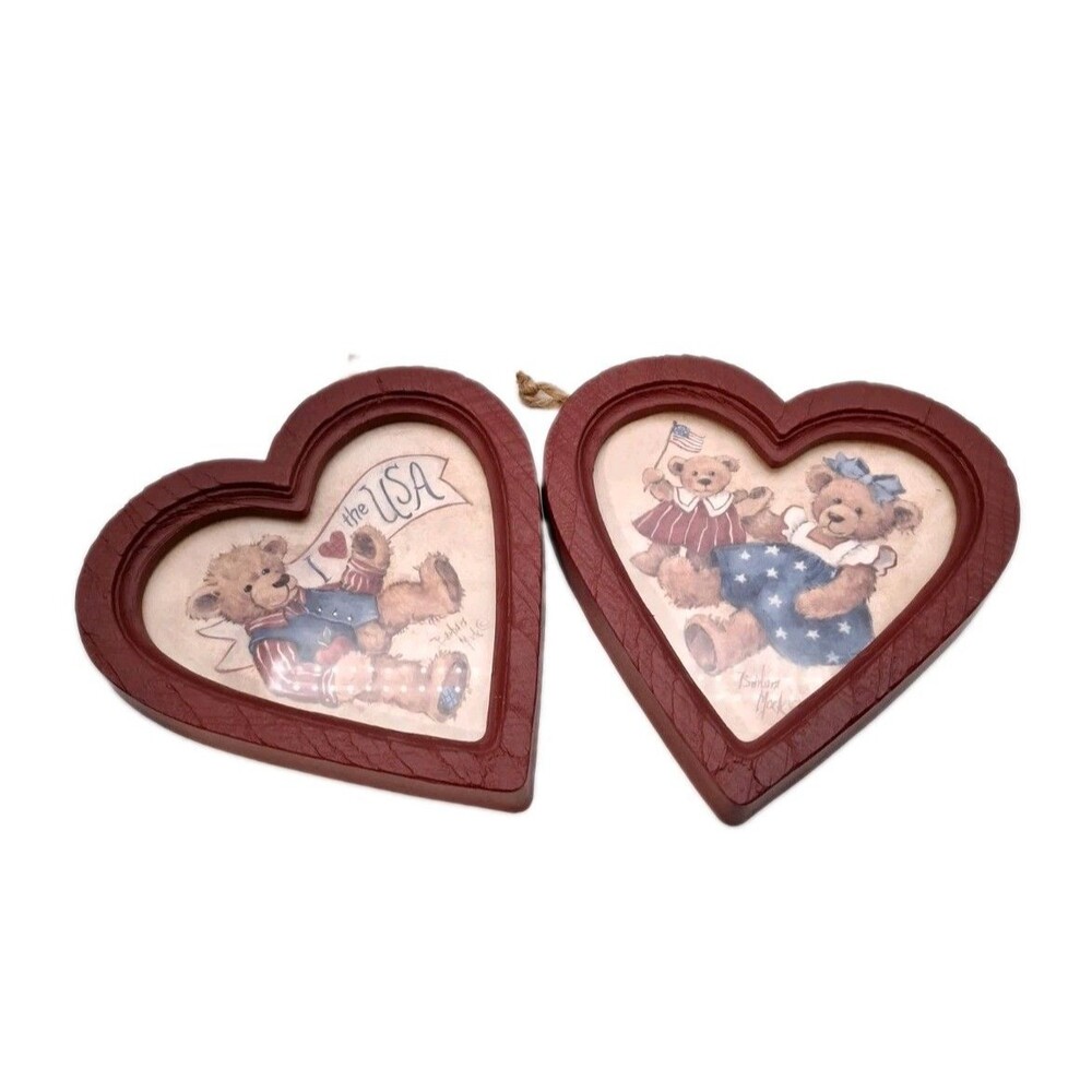 2 Vtg Home Interiors Heart Shaped Wall Hanging Teddy Bears I Love USA Patriotic